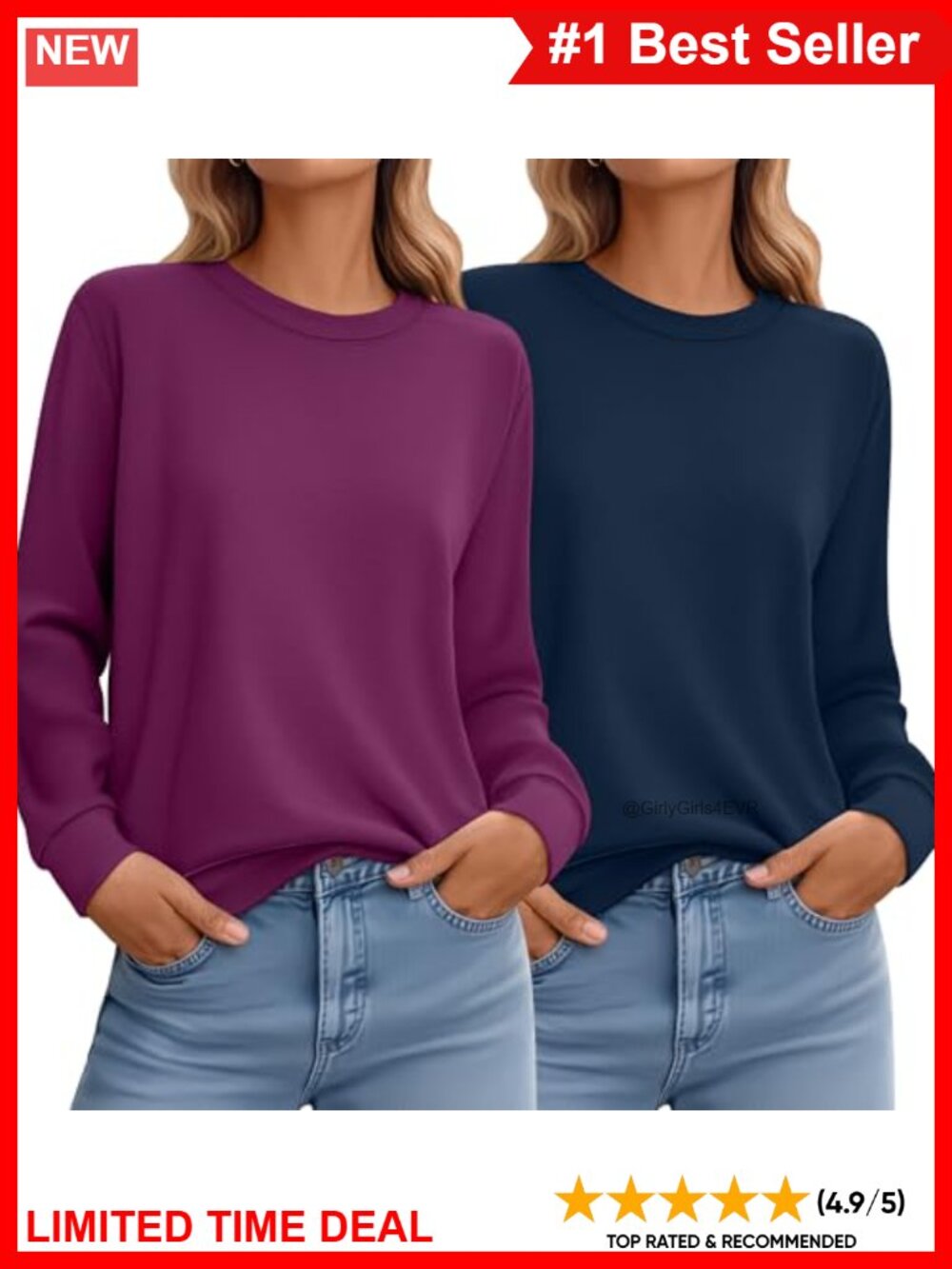 2 Pack Women's Long Sleeve Cotton Pullover Sweatshirts Loose Fit